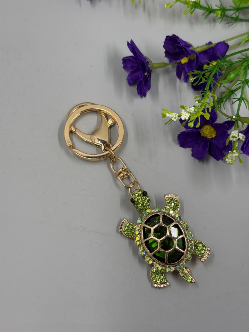 Green Aurora Borealis Crystal Gem Turtle Keychain Charm